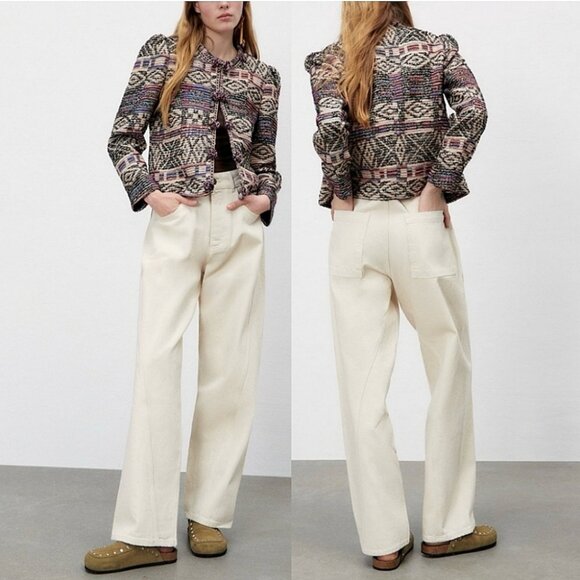 ZARA Jacquard Jacket Sz M Cropped Multicolor Boho Bohemian Multicolor - Picture 3 of 12